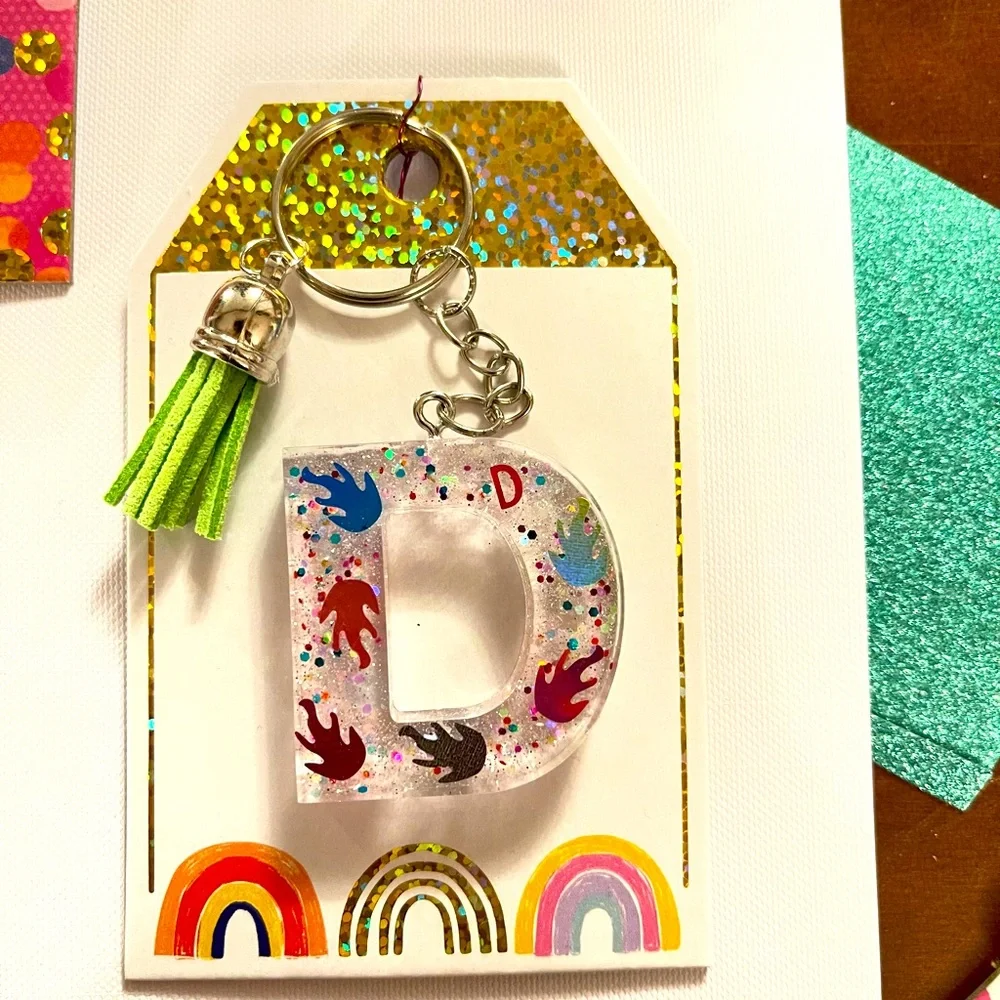 Flames letter D, glitter resin keychain‎